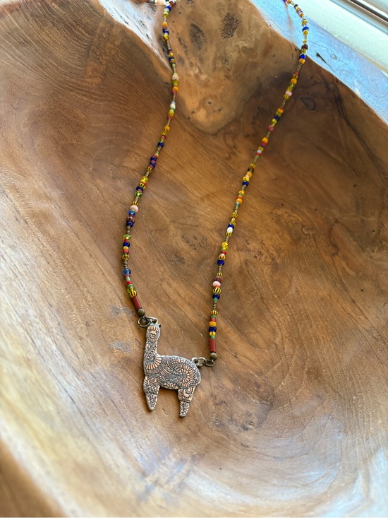 Hand Crafted Jewelry - Hand Crafted Multicolor Beaded Necklace with Brass Llama Pendant